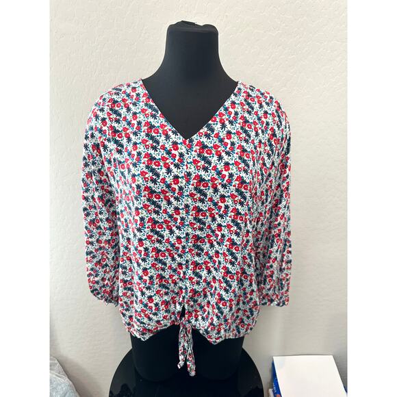 BEACH LUNCH LOUNGE | Blue Red Cottagecore Floral V-neck Front Tie Top | Medium - Picture 2 of 6